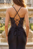 Black Beaded Mermaid Corset Ruched Long Ball Dress with Slit