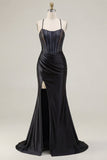 Black Beaded Mermaid Corset Ruched Long Ball Dress with Slit