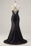 Black Beaded Mermaid Corset Ruched Long Ball Dress with Slit