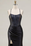 Black Beaded Mermaid Corset Ruched Long Ball Dress with Slit