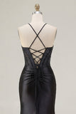 Black Beaded Mermaid Corset Ruched Long Ball Dress with Slit
