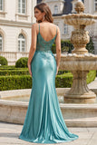 Blue Mermaid Corset Appliqued Long Ball Dress with Slit