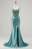 Blue Mermaid Corset Appliqued Long Ball Dress with Slit
