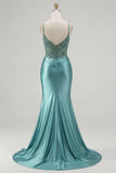 Blue Mermaid Corset Appliqued Long Ball Dress with Slit