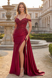 Burgundy Cold Shoulder Sequin Mermaid Long Ball Dress with Slit