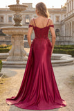Burgundy Cold Shoulder Sequin Mermaid Long Ball Dress with Slit