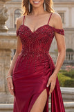 Burgundy Cold Shoulder Sequin Mermaid Long Ball Dress with Slit