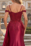 Burgundy Cold Shoulder Sequin Mermaid Long Ball Dress with Slit