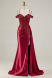 Burgundy Cold Shoulder Sequin Mermaid Long Ball Dress with Slit