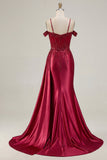 Burgundy Cold Shoulder Sequin Mermaid Long Ball Dress with Slit