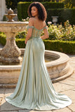 Cold Shoulder Light Green Mermaid Sequin Corset Long Ball Dress with Slit