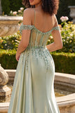 Cold Shoulder Light Green Mermaid Sequin Corset Long Ball Dress with Slit