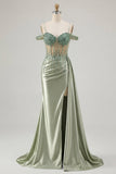Cold Shoulder Light Green Mermaid Sequin Corset Long Ball Dress with Slit