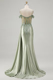 Cold Shoulder Light Green Mermaid Sequin Corset Long Ball Dress with Slit