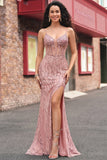 Sequin Blush Mermaid Corset Ball Dress with Slit
