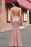 Sequin Blush Mermaid Corset Ball Dress with Slit