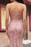 Sequin Blush Mermaid Corset Ball Dress with Slit
