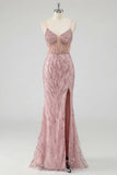 Sequin Blush Mermaid Corset Ball Dress with Slit