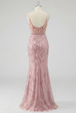 Sequin Blush Mermaid Corset Ball Dress with Slit