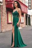 Dark Green Appliqued Mermaid Ball Dress with Slit