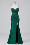 Dark Green Appliqued Mermaid Ball Dress with Slit