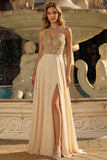 Champagne Sequin A Line Sheer Corset Long Ball Dress with Slit