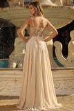 Champagne Sequin A Line Sheer Corset Long Ball Dress with Slit