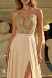 Champagne Sequin A Line Sheer Corset Long Ball Dress with Slit