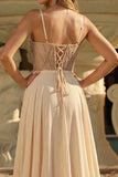 Champagne Sequin A Line Sheer Corset Long Ball Dress with Slit