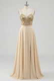 Champagne Sequin A Line Sheer Corset Long Ball Dress with Slit
