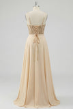Champagne Sequin A Line Sheer Corset Long Ball Dress with Slit