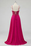 Rose A Line Lace Up Back Spaghetti Straps Long Ball Dress with Slit