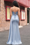 Dusty Blue Corset Mermaid Lace Up Back Long Ball Dress with Slit