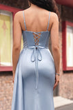 Dusty Blue Corset Mermaid Lace Up Back Long Ball Dress with Slit