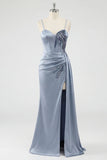 Dusty Blue Corset Mermaid Lace Up Back Long Ball Dress with Slit