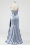 Dusty Blue Corset Mermaid Lace Up Back Long Ball Dress with Slit