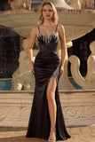 Black Beaded Corset Mermaid Lace Up Back Long Ball Dress With Slit