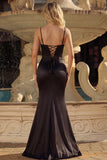 Black Beaded Corset Mermaid Lace Up Back Long Ball Dress With Slit