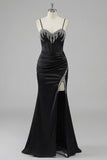Black Beaded Corset Mermaid Lace Up Back Long Ball Dress With Slit