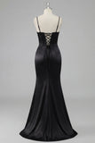 Black Beaded Corset Mermaid Lace Up Back Long Ball Dress With Slit