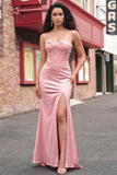 Blush Mermaid Corset Pleated Lace Up Back Long Ball Dress with Slit