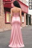 Blush Mermaid Corset Pleated Lace Up Back Long Ball Dress with Slit