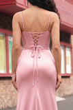 Blush Mermaid Corset Pleated Lace Up Back Long Ball Dress with Slit
