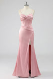 Blush Mermaid Corset Pleated Lace Up Back Long Ball Dress with Slit