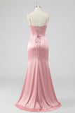 Blush Mermaid Corset Pleated Lace Up Back Long Ball Dress with Slit
