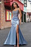 Grey Blue Beaded Corset Mermaid Ball Dress