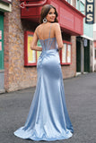 Grey Blue Beaded Corset Mermaid Ball Dress