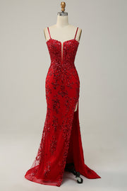 Red Mermaid Spaghetti Straps Sequins Long Ball Dress with Split Front