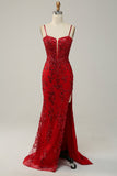 Red Mermaid Spaghetti Straps Sequins Long Ball Dress with Split Front