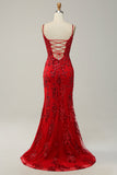 Red Mermaid Spaghetti Straps Sequins Long Ball Dress with Split Front